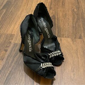 Pedro Garcia black satin “Dior” heels with Swarovski crystals